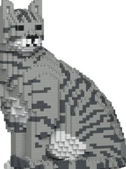 Jekca Figurine Chat tigré gris clair assis Bloc de construction^ Ferme, Univers Agricoles Et Animaux