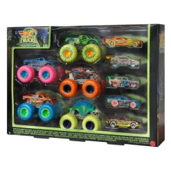 Mattel Hot Wheels Monster Trucks - Coffret 10 Véhicules Phosphorescents^ Petites Voitures