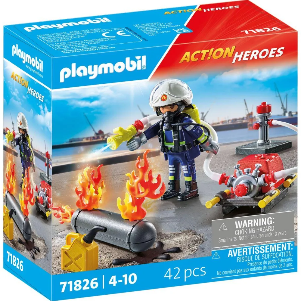 Playmobil Pompier pompe à eau et réservoir enflammé ACTION HEROES 71826^ La Ville, La Police Et Les Secours