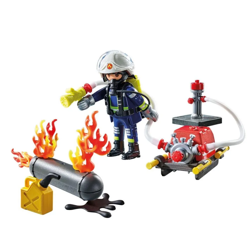 Playmobil Pompier pompe à eau et réservoir enflammé ACTION HEROES 71826^ La Ville, La Police Et Les Secours