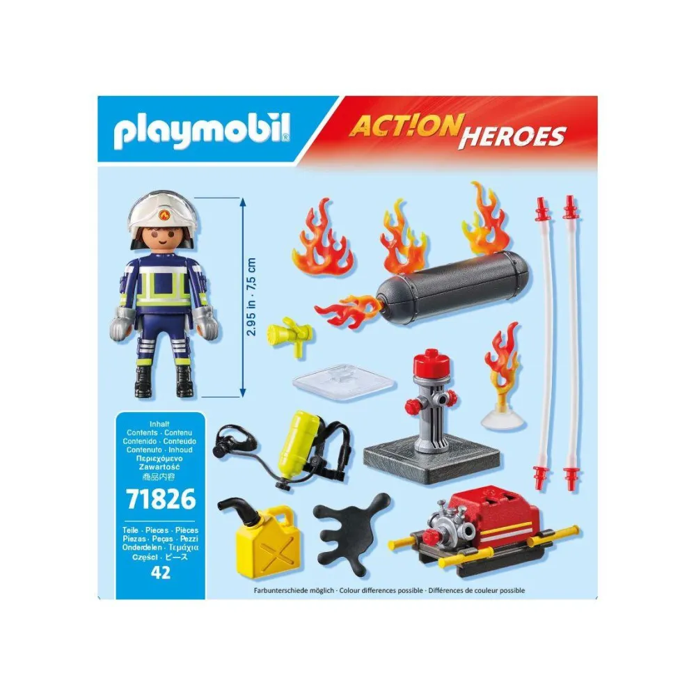 Playmobil Pompier pompe à eau et réservoir enflammé ACTION HEROES 71826^ La Ville, La Police Et Les Secours