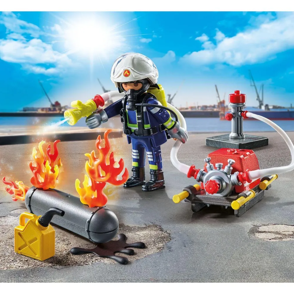 Playmobil Pompier pompe à eau et réservoir enflammé ACTION HEROES 71826^ La Ville, La Police Et Les Secours